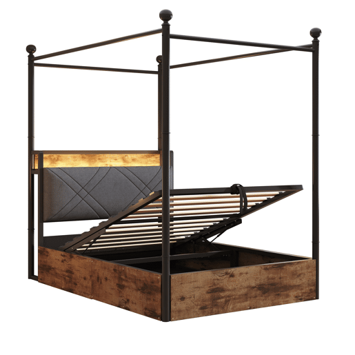 Cama individual multifuncional 90x190 - Com armazenamento hidráulico, dossel em ferro forjado, LED e portas USBTipo-C - Preta