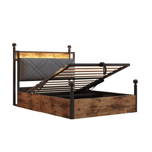 Cama individual multifuncional 90x190 - Com armazenamento hidráulico, dossel em ferro forjado, LED e portas USBTipo-C - Preta