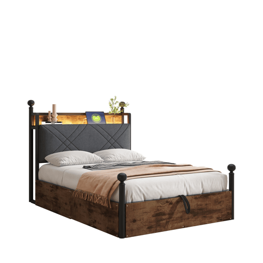 Cama individual multifuncional 90x190 - Com armazenamento hidráulico, dossel em ferro forjado, LED e portas USBTipo-C - Preta