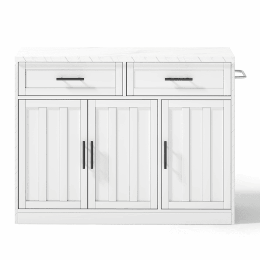 Ilha de cozinha 120x60x91 cm - Tomadas, portas USB, prateleiras ajustáveis, barra e muito mais - Branco