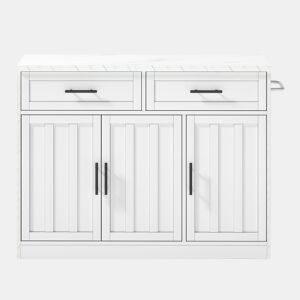 Ilha de cozinha 120x60x91 cm - Tomadas, portas USB, prateleiras ajustáveis, barra e muito mais - Branco