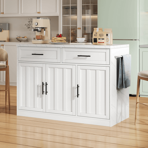Ilha de cozinha 120x60x91 cm - Tomadas, portas USB, prateleiras ajustáveis, barra e muito mais - Branco