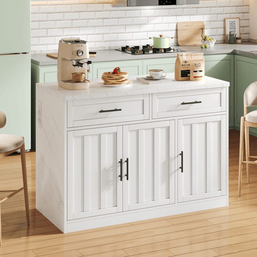 Ilha de cozinha 120x60x91 cm - Tomadas, portas USB, prateleiras ajustáveis, barra e muito mais - Branco