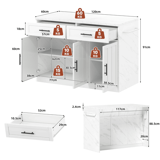 Ilha de cozinha 120x60x91 cm - Tomadas, portas USB, prateleiras ajustáveis, barra e muito mais - Branco