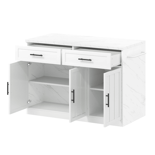 Ilha de cozinha 120x60x91 cm - Tomadas, portas USB, prateleiras ajustáveis, barra e muito mais - Branco