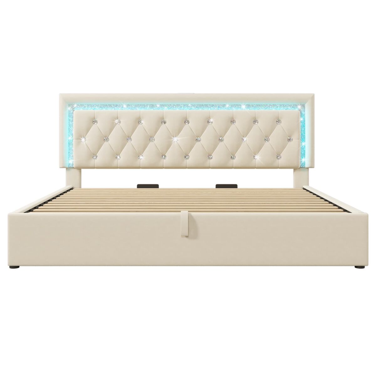 Cama tapizada 180x200 cm - led diamante, usb/type-c, hidráulico, moderno - beige