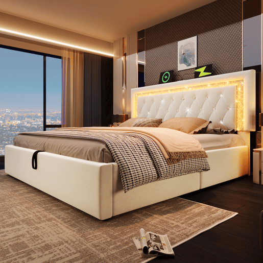 Cama estofada 180x200 cm - LED diamante, USBType-C, hidráulica, moderna - Bege Cama estofada 180x200 cm - LED diamante, USBType-C, hidráulica, moderna - Bege