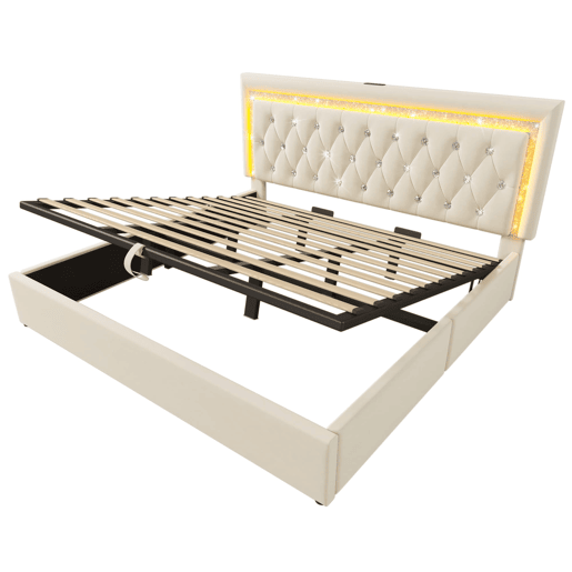 Cama estofada 180x200 cm - LED diamante, USBType-C, hidráulica, moderna - Bege Cama estofada 180x200 cm - LED diamante, USBType-C, hidráulica, moderna - Bege