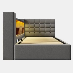 Cama individual estofada 90x190 - LED, armazenamento hidráulico, cabeceira L, montável em ambos os lados - Cinza