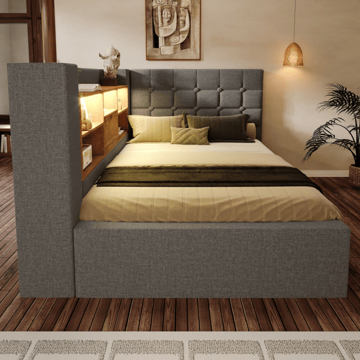 Cama individual estofada 90x190 - LED, armazenamento hidráulico, cabeceira L, montável em ambos os lados - Cinza Cama individual estofada 90x190 - LED, armazenamento hidráulico, cabeceira L, montável em ambos os lados - Cinza