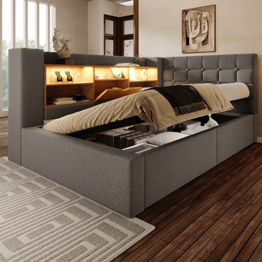 Cama individual estofada 90x190 - LED, armazenamento hidráulico, cabeceira L, montável em ambos os lados - Cinza Cama individual estofada 90x190 - LED, armazenamento hidráulico, cabeceira L, montável em ambos os lados - Cinza