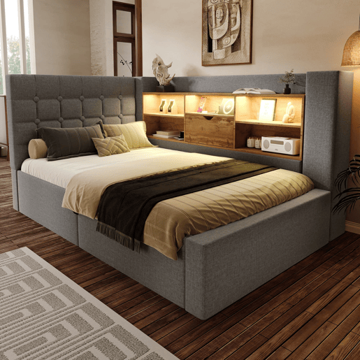 Cama individual estofada 90x190 - LED, armazenamento hidráulico, cabeceira L, montável em ambos os lados - Cinza Cama individual estofada 90x190 - LED, armazenamento hidráulico, cabeceira L, montável em ambos os lados - Cinza