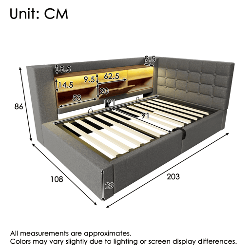 Cama individual estofada 90x190 - LED, armazenamento hidráulico, cabeceira L, montável em ambos os lados - Cinza Cama individual estofada 90x190 - LED, armazenamento hidráulico, cabeceira L, montável em ambos os lados - Cinza