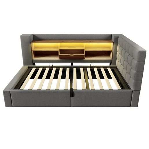 Cama individual estofada 90x190 - LED, armazenamento hidráulico, cabeceira L, montável em ambos os lados - Cinza Cama individual estofada 90x190 - LED, armazenamento hidráulico, cabeceira L, montável em ambos os lados - Cinza