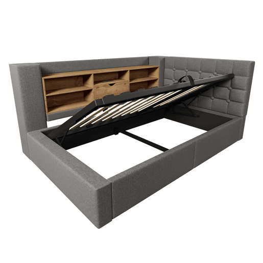 Cama individual estofada 90x190 - LED, armazenamento hidráulico, cabeceira L, montável em ambos os lados - Cinza Cama individual estofada 90x190 - LED, armazenamento hidráulico, cabeceira L, montável em ambos os lados - Cinza