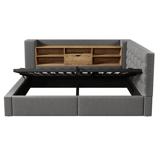 Cama individual estofada 90x190 - LED, armazenamento hidráulico, cabeceira L, montável em ambos os lados - Cinza Cama individual estofada 90x190 - LED, armazenamento hidráulico, cabeceira L, montável em ambos os lados - Cinza