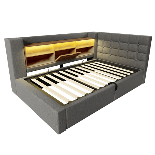 Cama individual estofada 90x190 - LED, armazenamento hidráulico, cabeceira L, montável em ambos os lados - Cinza Cama individual estofada 90x190 - LED, armazenamento hidráulico, cabeceira L, montável em ambos os lados - Cinza