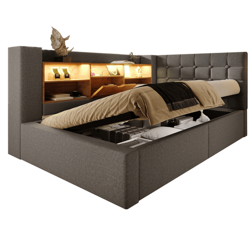 Cama individual estofada 90x190 - LED, armazenamento hidráulico, cabeceira L, montável em ambos os lados - Cinza Cama individual estofada 90x190 - LED, armazenamento hidráulico, cabeceira L, montável em ambos os lados - Cinza