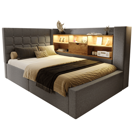 Cama individual estofada 90x190 - LED, armazenamento hidráulico, cabeceira L, montável em ambos os lados - Cinza Cama individual estofada 90x190 - LED, armazenamento hidráulico, cabeceira L, montável em ambos os lados - Cinza