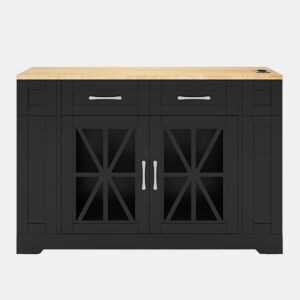 Ilha de cozinha 120 cm - com mesa dobrável, prateleiras abertas, tomada AC e USB, porta de vidro, rodas com travão - Preto+Natural