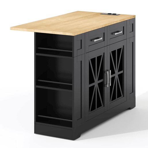Ilha de cozinha 120 cm - com mesa dobrável, prateleiras abertas, tomada AC e USB, porta de vidro, rodas com travão - Preto+Natural