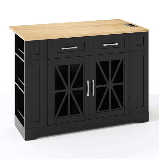 Ilha de cozinha 120 cm - com mesa dobrável, prateleiras abertas, tomada AC e USB, porta de vidro, rodas com travão - Preto+Natural