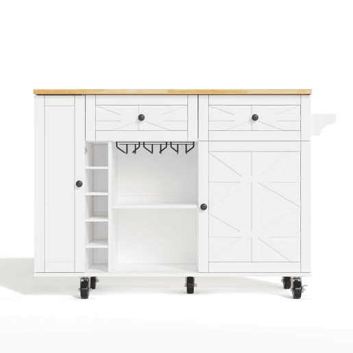Ilha de cozinha 120x45(70)x89 cm - Com rodas bloqueáveis, prateleira para portas, vinoteca e porta-copos - Branco