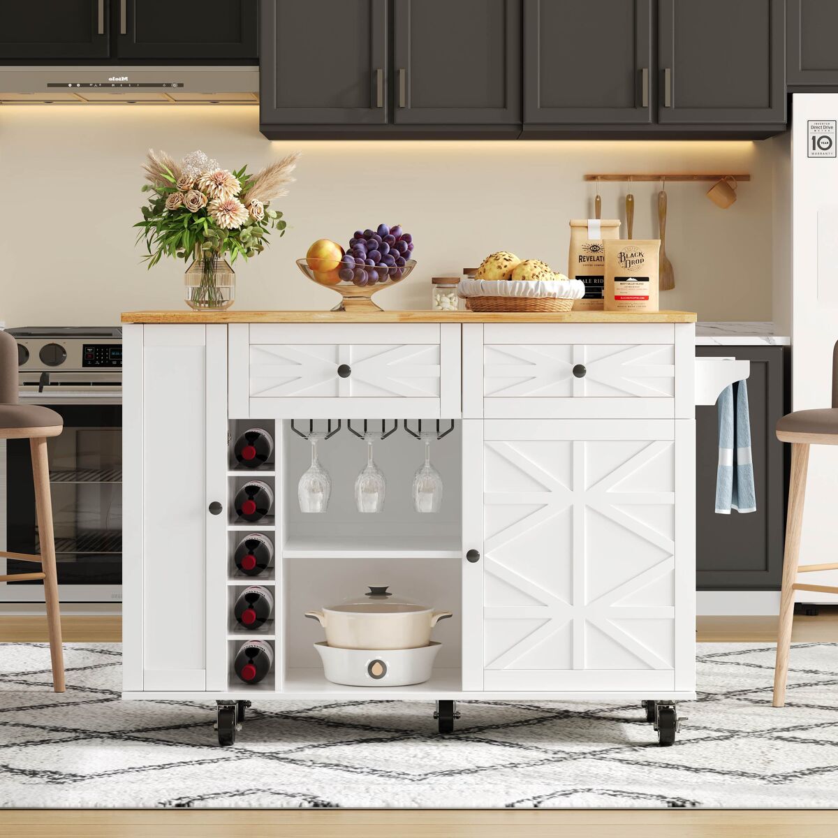 Isla de cocina 120x45(70)x89 cm - Con ruedas bloqueables, estante