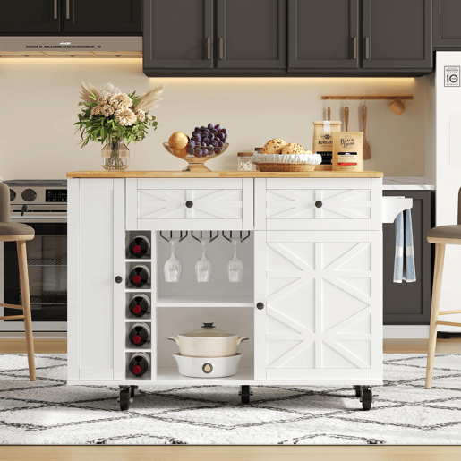 Ilha de cozinha 120x45(70)x89 cm - Com rodas bloqueáveis, prateleira para portas, vinoteca e porta-copos - Branco