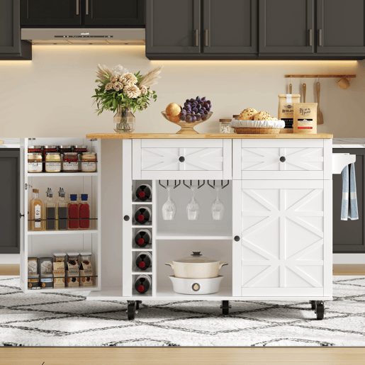 Ilha de cozinha 120x45(70)x89 cm - Com rodas bloqueáveis, prateleira para portas, vinoteca e porta-copos - Branco