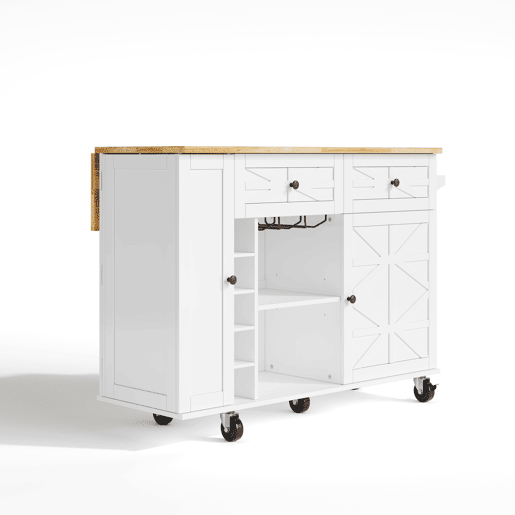 Ilha de cozinha 120x45(70)x89 cm - Com rodas bloqueáveis, prateleira para portas, vinoteca e porta-copos - Branco