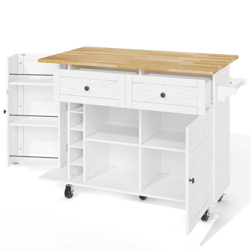 Ilha de cozinha 120x45(70)x89 cm - Com rodas bloqueáveis, prateleira para portas, vinoteca e porta-copos - Branco