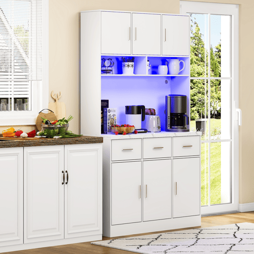 Buffet multifuncional 100x40x180 cm - com iluminação LED, controlo remoto, prateleiras ajustáveis, orifícios para cabos e tomadas - Branco