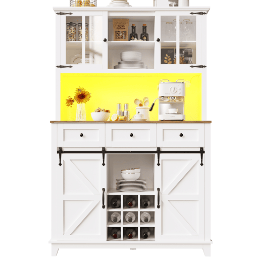 Armário de cozinha 105x38,4x180 cm - Aparador alto, vitrina, prateleiras ajustáveis, com iluminação LED - Branco