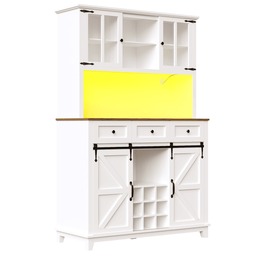 Armário de cozinha 105x38,4x180 cm - Aparador alto, vitrina, prateleiras ajustáveis, com iluminação LED - Branco