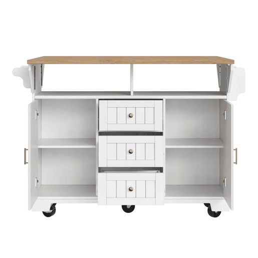 Ilha de cozinha 120x40x95 cm - Carrinho com rodas, extensível, com suporte para toalhas e prateleira para especiarias - Branco