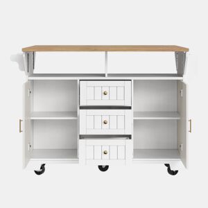 Ilha de cozinha 120x40x95 cm - Carrinho com rodas, extensível, com suporte para toalhas e prateleira para especiarias - Branco