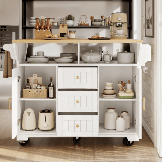 Ilha de cozinha 120x40x95 cm - Carrinho com rodas, extensível, com suporte para toalhas e prateleira para especiarias - Branco