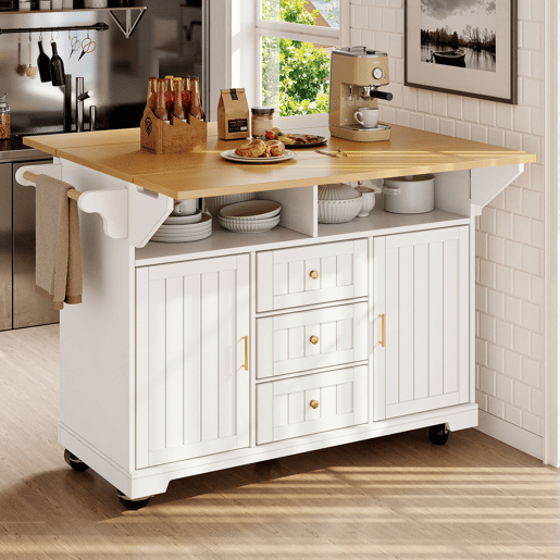 Ilha de cozinha 120x40x95 cm - Carrinho com rodas, extensível, com suporte para toalhas e prateleira para especiarias - Branco