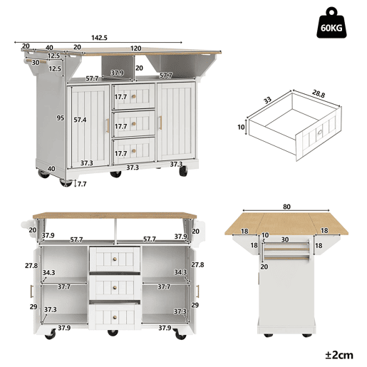 Ilha de cozinha 120x40x95 cm - Carrinho com rodas, extensível, com suporte para toalhas e prateleira para especiarias - Branco