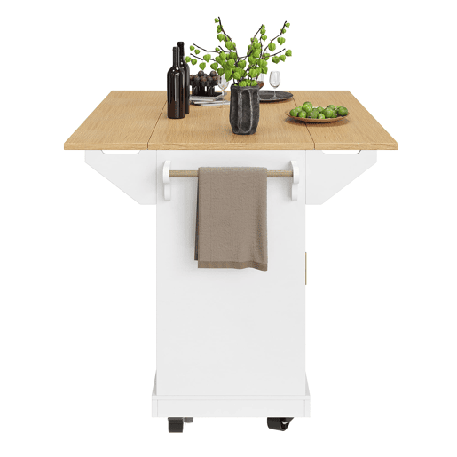 Ilha de cozinha 120x40x95 cm - Carrinho com rodas, extensível, com suporte para toalhas e prateleira para especiarias - Branco