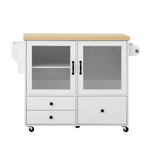 Ilha de cozinha móvel - Com rodas, mesa extensível, arrumação e porta-copos - Branco
