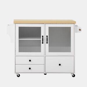Ilha de cozinha móvel - Com rodas, mesa extensível, arrumação e porta-copos - Branco