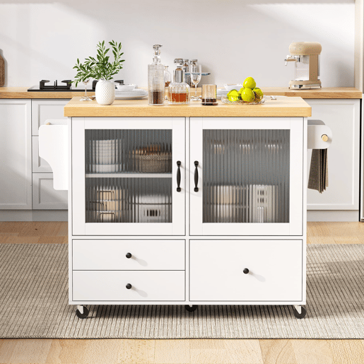 Ilha de cozinha móvel - Com rodas, mesa extensível, arrumação e porta-copos - Branco