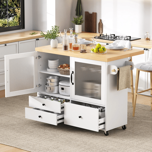 Ilha de cozinha móvel - Com rodas, mesa extensível, arrumação e porta-copos - Branco
