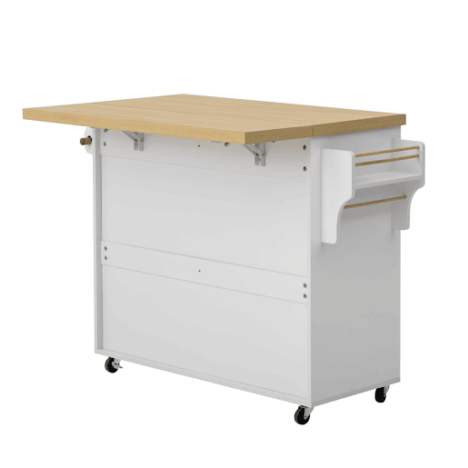 Ilha de cozinha móvel - Com rodas, mesa extensível, arrumação e porta-copos - Branco
