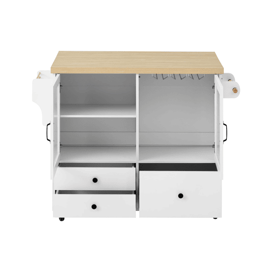 Ilha de cozinha móvel - Com rodas, mesa extensível, arrumação e porta-copos - Branco