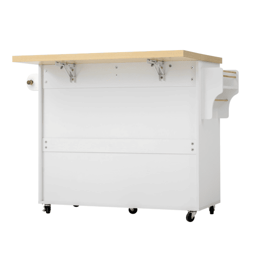 Ilha de cozinha móvel - Com rodas, mesa extensível, arrumação e porta-copos - Branco
