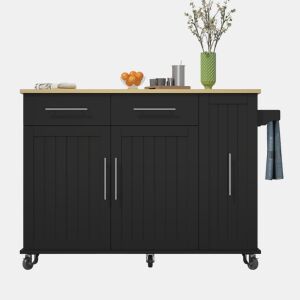 Ilha de cozinha 107 cm - Carrinho móvel com 3 níveis, arrumação e 2 gavetas - Preto+Natural