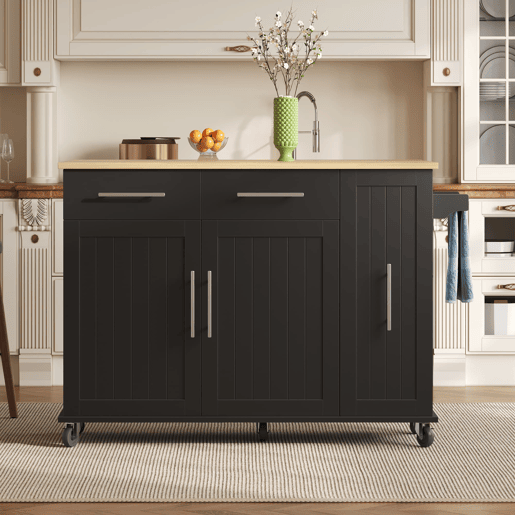Ilha de cozinha 107 cm - Carrinho móvel com 3 níveis, arrumação e 2 gavetas - Preto+Natural